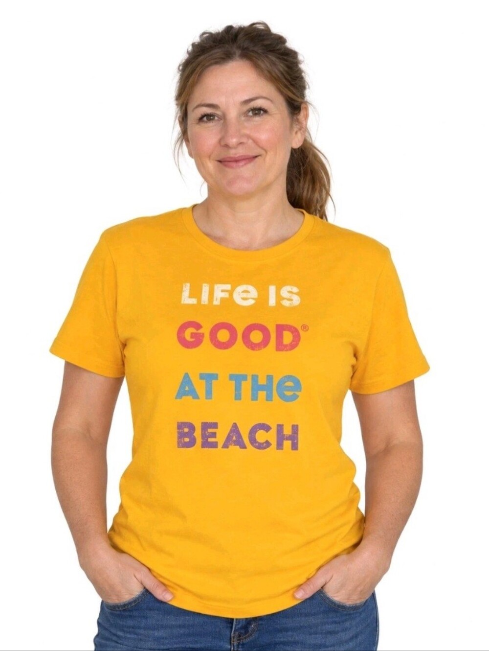 Life Is Good Women’s SS Short Sleeve Tee Shirt Graphic At The Beach Yellow Small